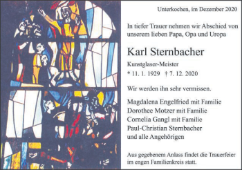 Traueranzeige von Karl Sternbacher  von Schwäbische Post