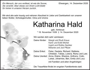 Traueranzeige von Katharina Hald von Schwäbische Post