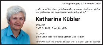Traueranzeige von Katharina Kübler von Schwäbische Post