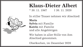 Traueranzeige von Klaus-Dieter Albert von Schwäbische Post