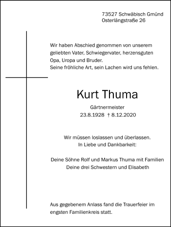 Traueranzeige von Kurt Thuma von Gmünder Tagespost