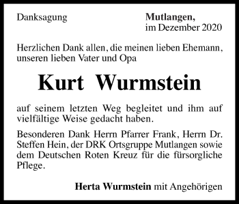 Traueranzeige von Kurt Wurmstein von Gmünder Tagespost