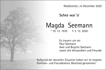 Traueranzeige von Magda Seemann von Gmünder Tagespost