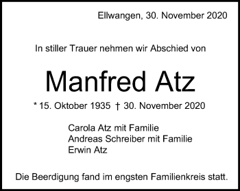 Traueranzeige von Manfred Atz von Schwäbische Post