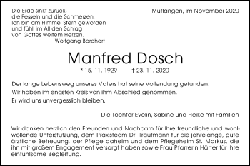 Traueranzeige von Manfred Dosch  von Gmünder Tagespost