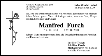 Traueranzeige von Manfred Furch von Gmünder Tagespost