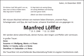 Traueranzeige von Manfred Löffler von Schwäbische Post