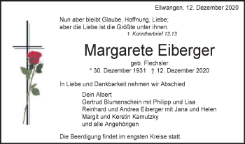 Traueranzeige von Margarete Eiberger von Schwäbische Post