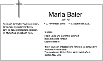 Traueranzeige von Maria Baier von Schwäbische Post
