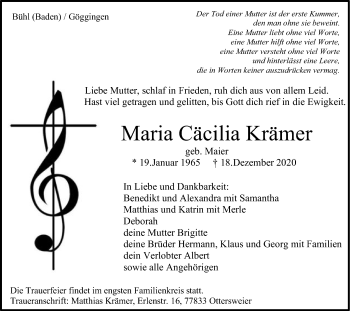 Traueranzeige von Maria Cäcilia Krämer von Gmünder Tagespost