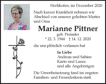 Traueranzeige von Marianne Pittner von Gmünder Tagespost