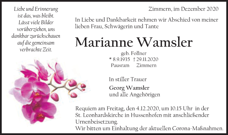  Traueranzeige für Marianne Wamsler vom 02.12.2020 aus Gmünder Tagespost