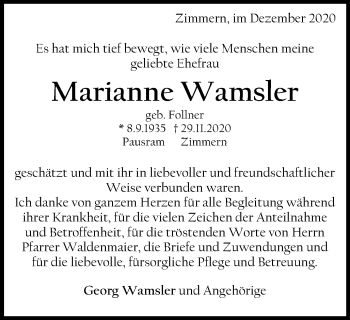 Traueranzeige von Marianne Wamsler von Gmünder Tagespost