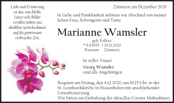 Traueranzeige von Marianne Wamsler von Gmünder Tagespost