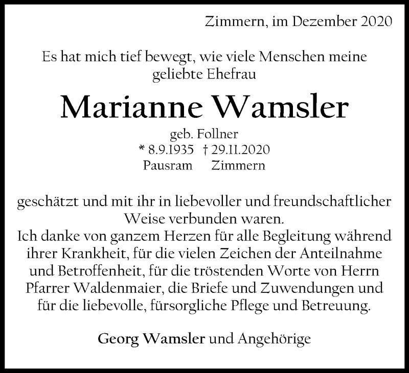  Traueranzeige für Marianne Wamsler vom 09.12.2020 aus Gmünder Tagespost