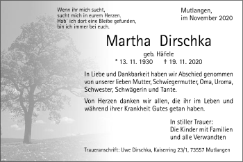 Traueranzeige von Martha Dirschka von Gmünder Tagespost