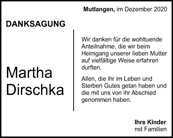 Traueranzeige von Martha Dirschka von Gmünder Tagespost