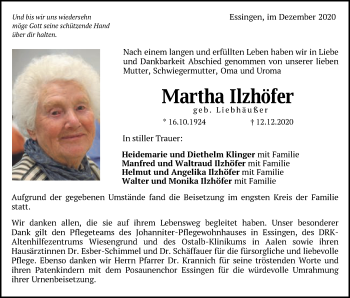 Traueranzeige von Martha Ilzhöfer von Schwäbische Post