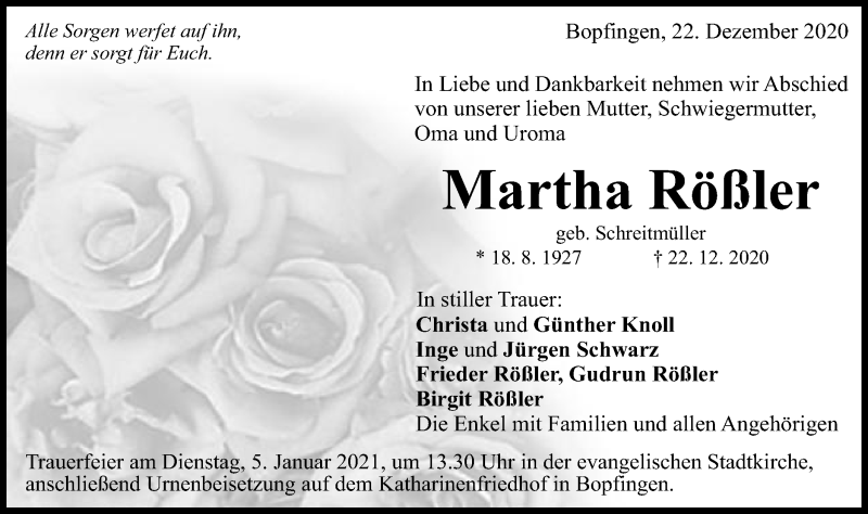  Traueranzeige für Martha Rößler vom 31.12.2020 aus Schwäbische Post