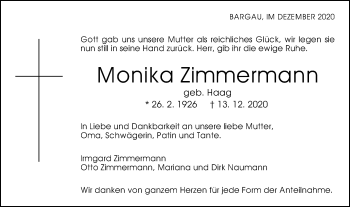 Traueranzeige von Monika Zimmermann von Gmünder Tagespost