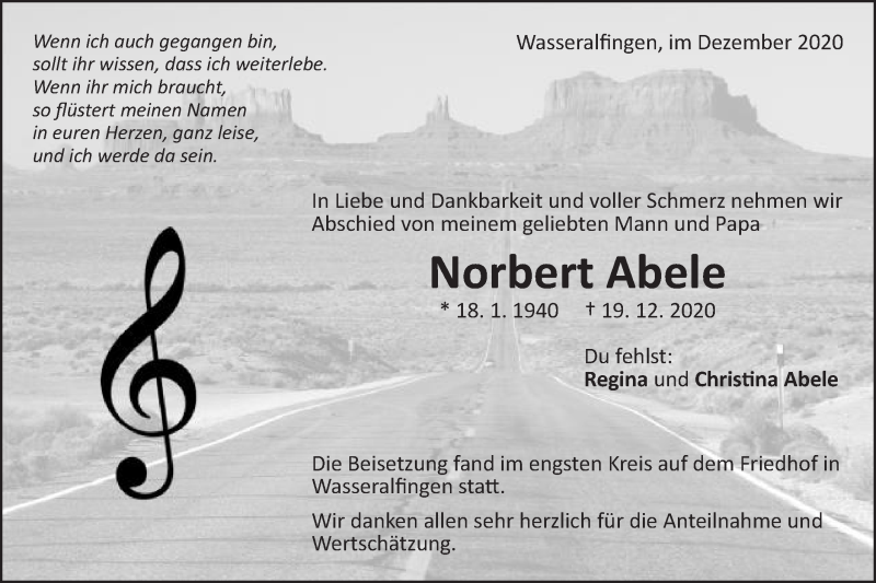  Traueranzeige für Norbert Abele vom 29.12.2020 aus Schwäbische Post