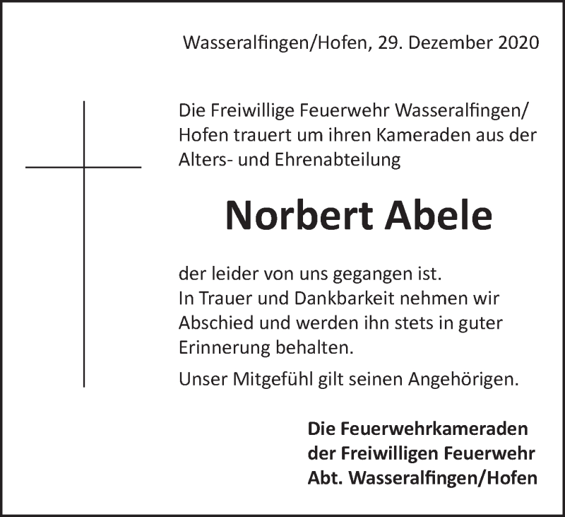  Traueranzeige für Norbert Abele vom 29.12.2020 aus Schwäbische Post