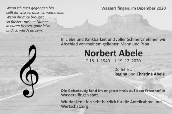 Traueranzeige von Norbert Abele von Schwäbische Post