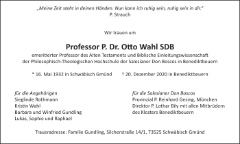 Traueranzeige von Otto Wahl von Gmünder Tagespost