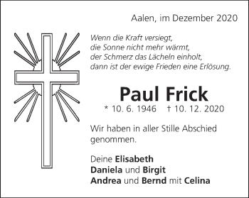 Traueranzeige von Paul Frick von Schwäbische Post