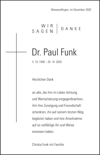 Traueranzeige von Paul Funk von Schwäbische Post