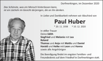 Traueranzeige von Paul Huber von Schwäbische Post