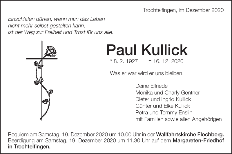  Traueranzeige für Paul Kullick vom 18.12.2020 aus Schwäbische Post