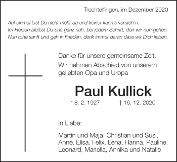 Traueranzeige von Paul Kullick von Schwäbische Post