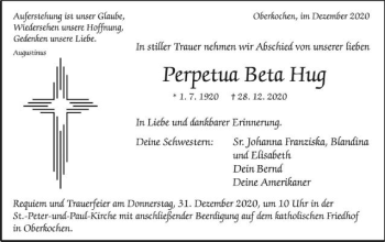 Traueranzeige von Perpetua Beta Hug von Schwäbische Post