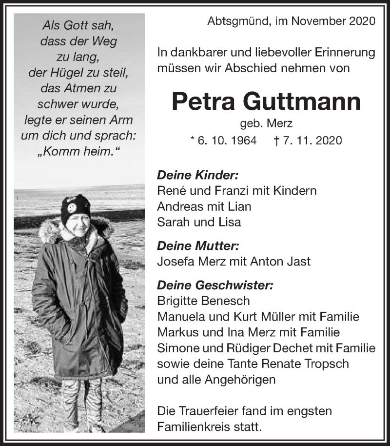  Traueranzeige für Petra Guttmann vom 02.12.2020 aus Schwäbische Post