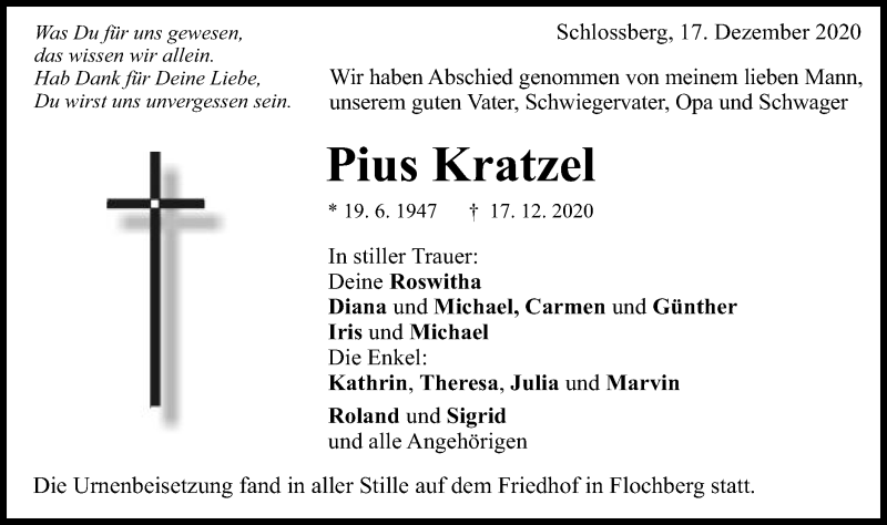  Traueranzeige für Pius Kratzel vom 31.12.2020 aus Schwäbische Post