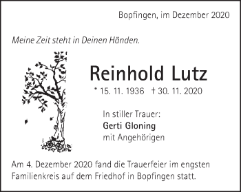 Traueranzeige von Reinhold Lutz von Schwäbische Post