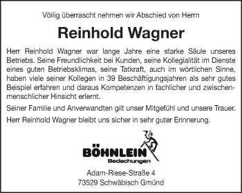 Traueranzeige von Reinhold Wagner von Gmünder Tagespost
