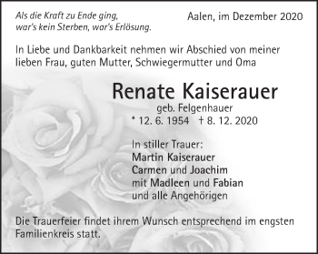 Traueranzeige von Renate Kaiserauer von Schwäbische Post