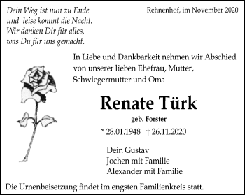 Traueranzeige von Renate Türk von Gmünder Tagespost
