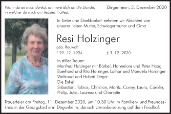 Traueranzeige von Resi Holzinger von Schwäbische Post