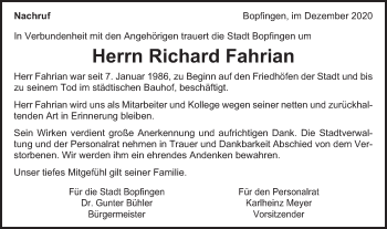 Traueranzeige von Richard Fahrian von Schwäbische Post