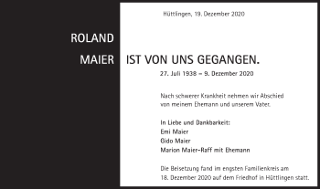 Traueranzeige von Roland Maier von Schwäbische Post