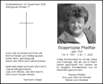 Traueranzeige von Rosemarie Pfeiffer von Gmünder Tagespost