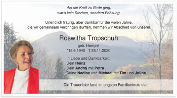Traueranzeige von Roswitha Tropschuh von Gmünder Tagespost