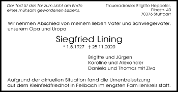 Traueranzeige von Siegfried Lining von Kocher-Lein-Bote