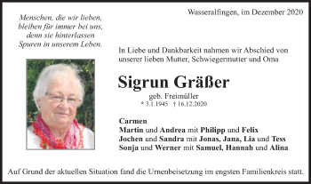 Traueranzeige von Sigrun Gräßer von Schwäbische Post