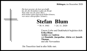 Traueranzeige von Stefan Blum von Gmünder Tagespost