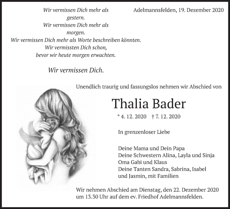  Traueranzeige für Thalia Bader vom 19.12.2020 aus Schwäbische Post