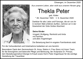 Traueranzeige von Thekla Peter von Schwäbische Post